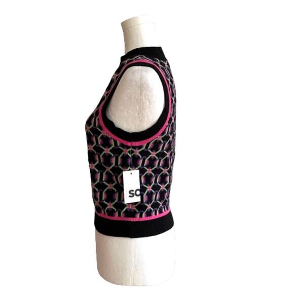 SO Retro Sweater Vest Preppy Black Fuchsia Crop High Neck Vest Junior Medium NEW - Picture 5 of 13